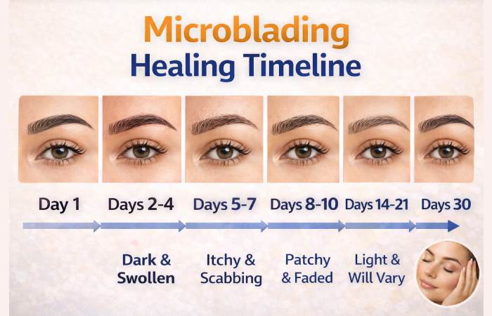 Chart of microblading healing stages from day 1 to day 30