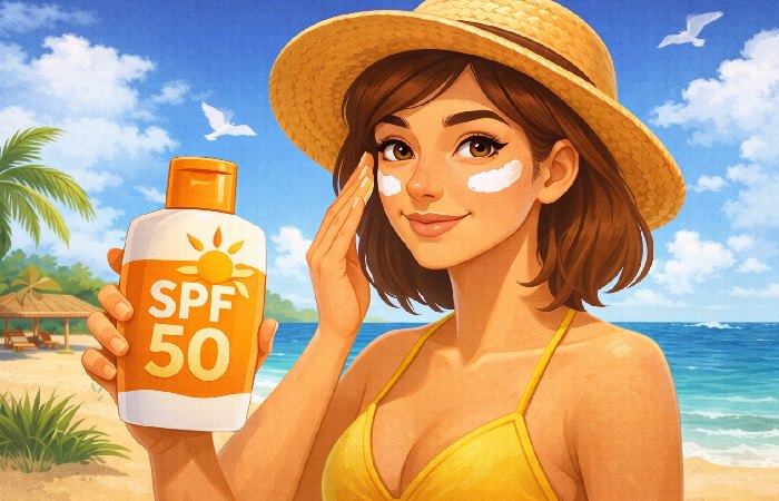 Applying sunscreen SPF 50 on face