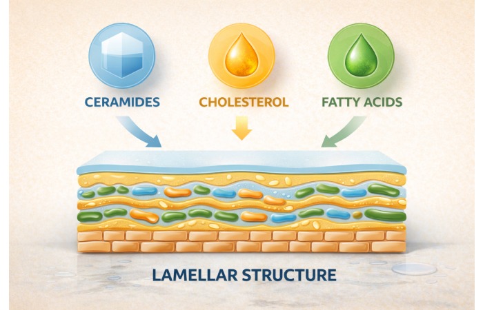 Infographic: ceramide + cholesterol + fatty acids (lamellar structure) visual