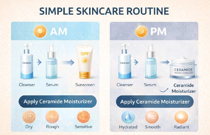 Simple AM/PM skincare routine cards showing where to apply ceramide moisturizer