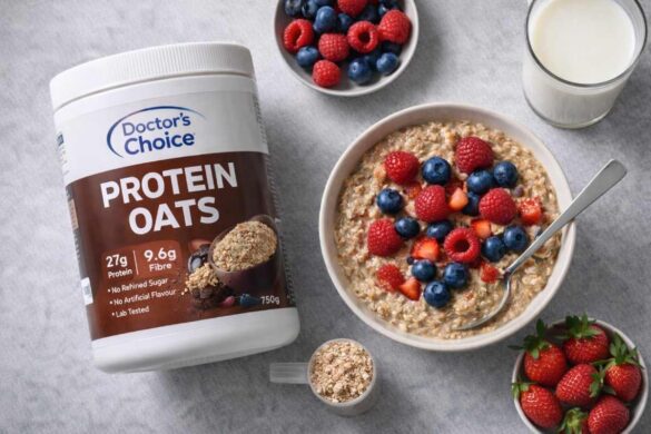 Doctor’s Choice Protein Oats tub with prepared bowl and berries