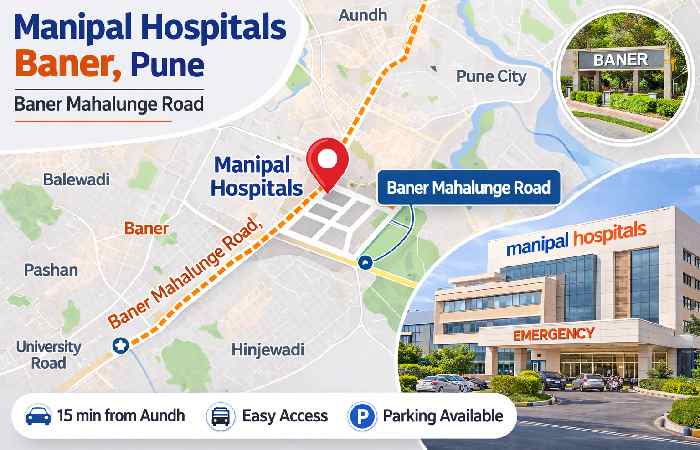 Location map showing Manipal Hospitals Baner Pune on Baner Mahalunge Road