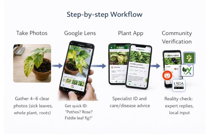 Step-by-step workflow: take photos → Google Lens → Plant app → community verification