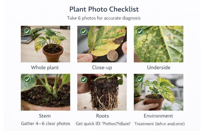 Photo checklist (whole plant, close-up, underside, stem, roots, environment) for accurate diagnosis
