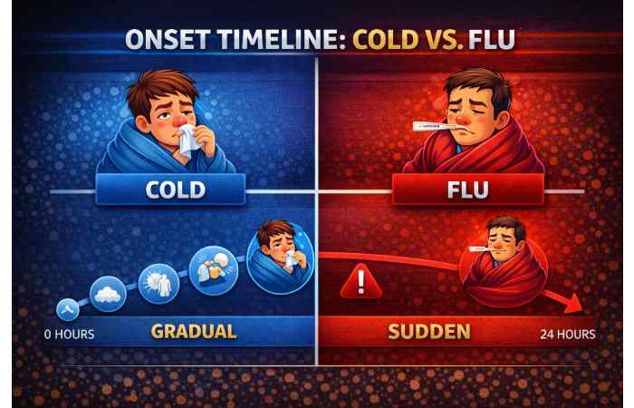 common cold symptoms vs flu onset timeline comparison