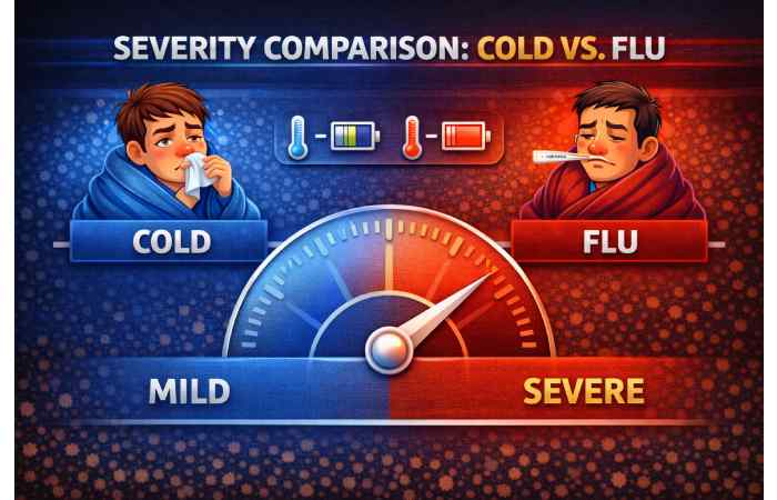 common cold symptoms vs flu severity comparison scale chart