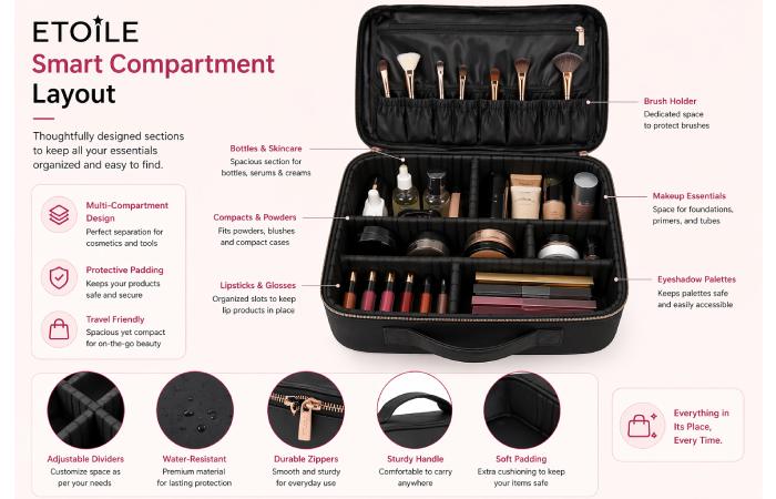 etoile makeup bag compartment organiser layout